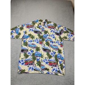 Island Collection Shirt Mens XL Hawaiian Cars Floral Button Up Rayon Yellow Blue